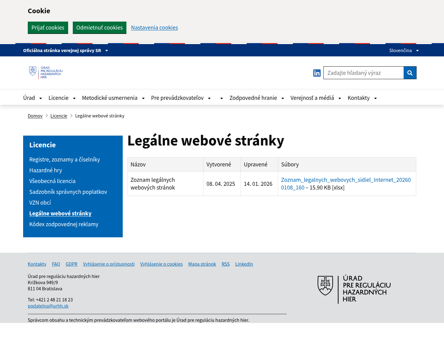 Zachytenie stránky ÚRHH so zoznamom legálnych webových sídiel